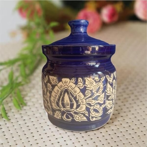 Ceramic Pickle Jar 200ml & 1200ml | 3D Cut Blue Pottery Storage Jar for Achar