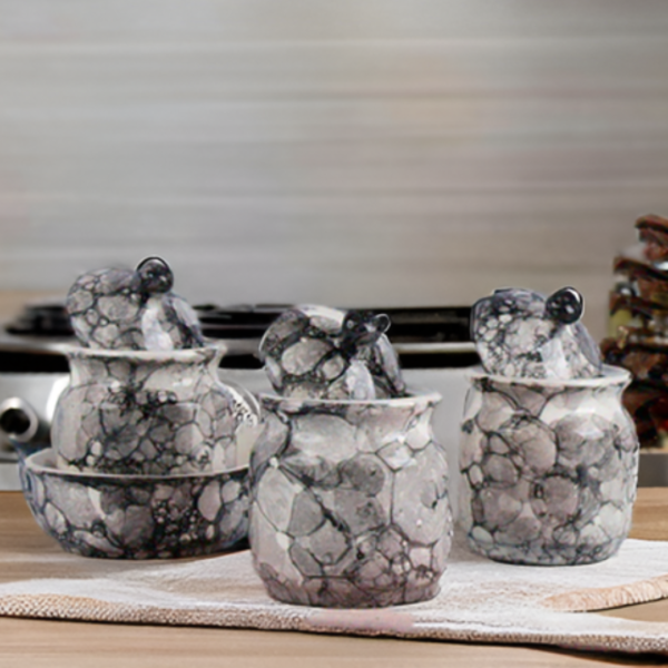 Grey ceramic spice jars with tray