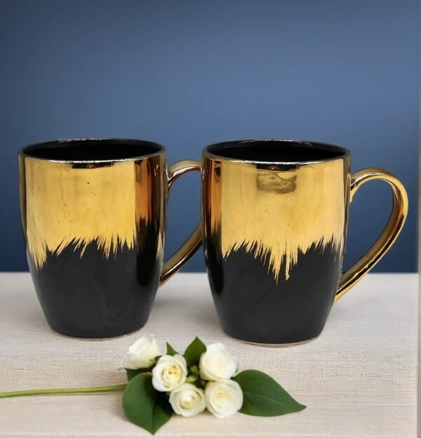 Kraftlik Handicrafts Black Golden Ceramic Premium Tea Cups Fine I Gift to Best Friend Coffee I Tea I Milk I Green Tea I Cup Microwave Safe (Set of 2)