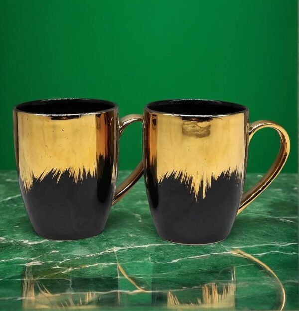 Kraftlik Handicrafts Set of 2 Black & Golden Ceramic Tea Cups – Elegant, Microwave-Safe